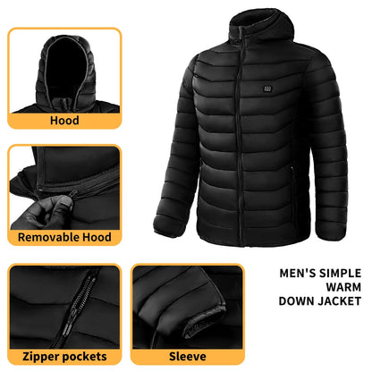 Men Heated Puffer Jacket Electric Heating Coat Insulated Hood Windbreaker  Several Heat Zones